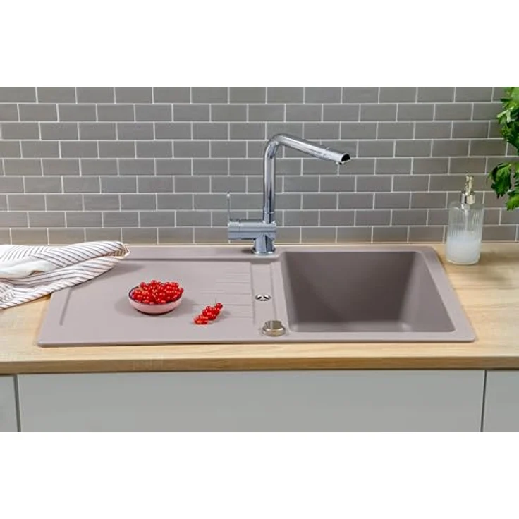 Respekta Austin Massivgranit Spüle, 86 x 50 cm, hitzebeständig, abgeschrägte Abtropffläche, einbau- und unterbaumontage, 1 Becken, für Unterschränke ab 45 cm, grau – Bild 2