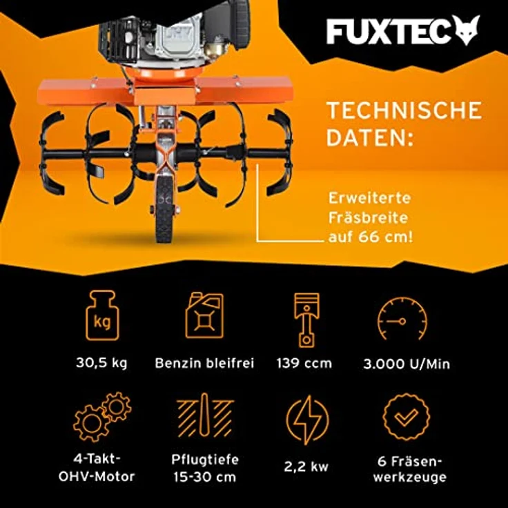 FUXTEC FX-AF1139 SET Ackerfräse Bodenhacke Motorhacke inkl Fräsebreitenerweiterung (FX-AF1139-SET1), 30 cm Arbeitstiefe, 2200 Watt Leistung - Preisvergleich – Bild 3