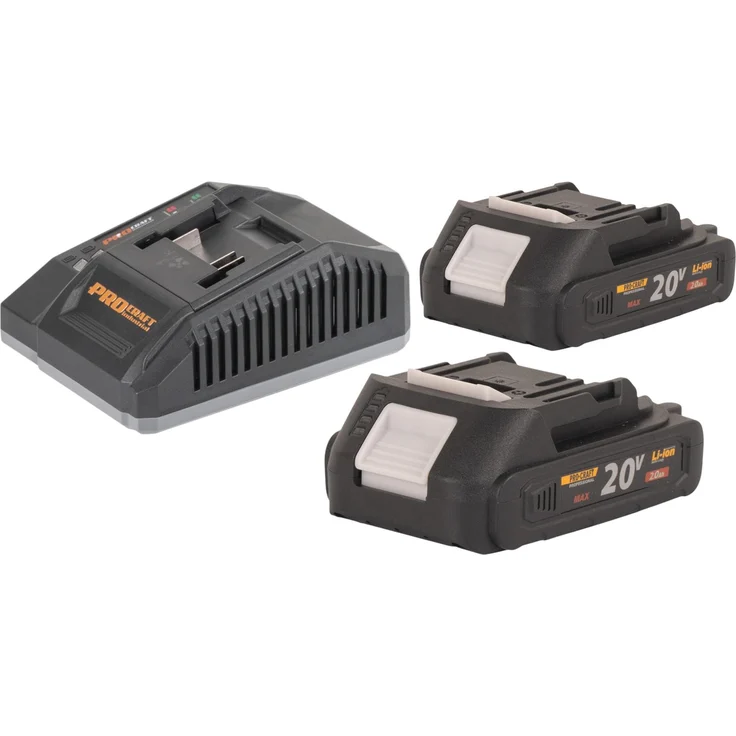 PROCRAFT Procraft Starter Pack C20/6.5, Schnell Ladegerät 20 V 6,5 A + 2x 20/2A Akku 2,0 Ah, LED-Anzeige, Überhitzungs- und Überspannungsschutz