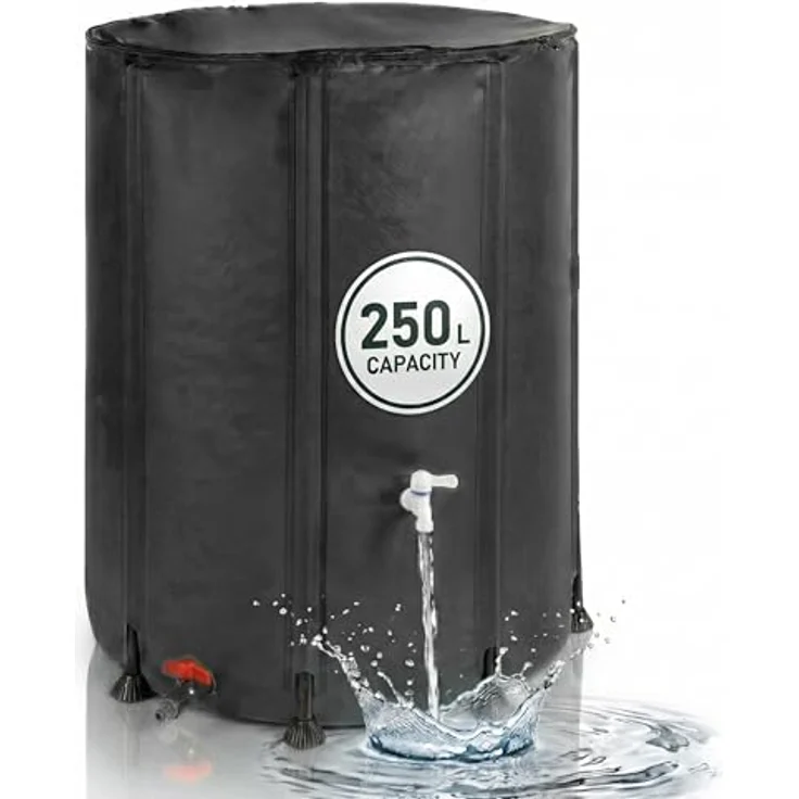 relaxdays Regentonne Faltbare Regentonne 250l, schwarz, Wasserspeicher mit Reißverschlussdeckel und zwei Anschlüssen – Bild 1