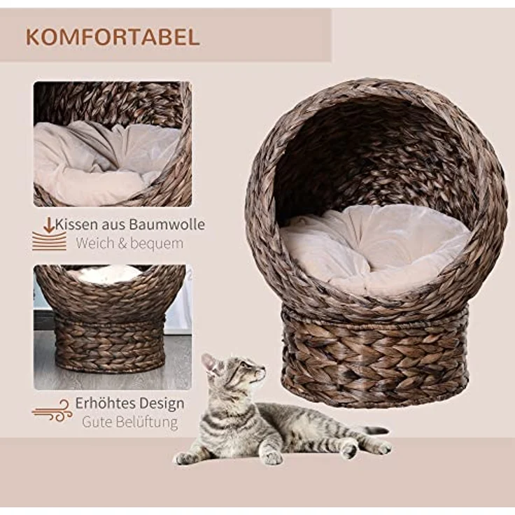 PawHut Rattan Katzenkorb Katzenhütte Katzenhöhle Katzenbett mit Kissen Haustierbett aus Wasserhyazinthe für Wohnzimmer Dunkelbraun 50 x 42 x 60 cm – Bild 4