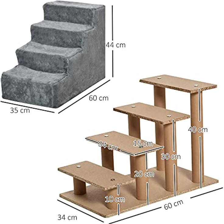 PawHut Haustiertreppe 4-stufige Hunderampe mit Abnehmbarer Bezug Katzentreppe Hundetreppe Tiertreppe Plüsch Grau 60 x 35 x 44 cm - Preisvergleich – Bild 3