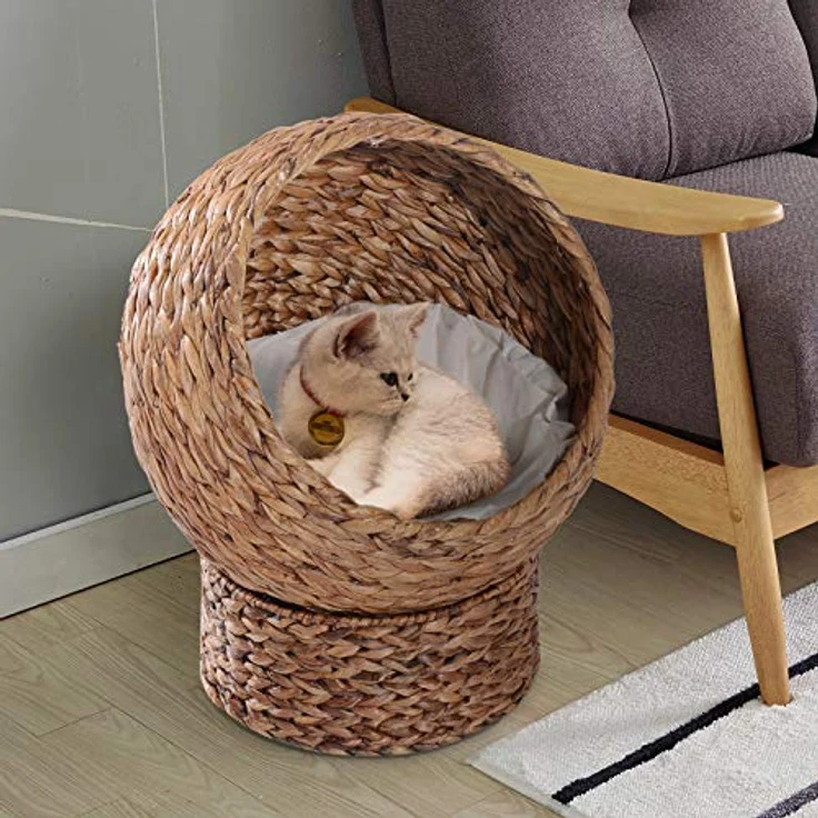 Pawhut Rattan Katzenkorb Katzenhöhle Katzenhütte Katzenbett mit Kissen Haustierbett Wasserhyazinthe Hellbraun 42 x 33 x 52 cm – Bild 2