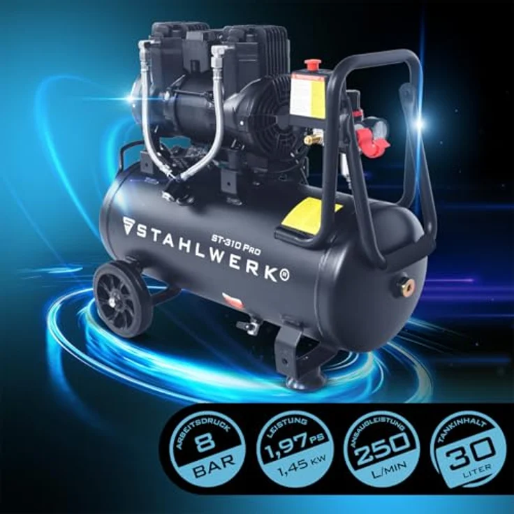 STAHLWERK Kompressor ST-310 Pro, 8 bar, 30 L, 1,97 PS, 250 l/min, ölfrei, leise mit 70 dB – Bild 3