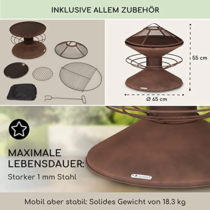 Blumfeldt Feuerschale, Wetterfeste Feuerstelle mit Grillrost & Funkenschutz, 55 cm hoch, aus robustem Stahl für Terrasse & Garten – Bild 5