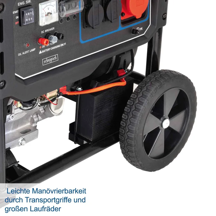 Scheppach SG7100x Benzin Stromgenerator mit E-Start, 4-Takt Benzin Motor mit 12PS, 5400W Leistung, 2x 230V, 1x 400V Steckdose, 12V Anschluss, 25L Tank, AVR-Technologie, inkl. Fahrvorrichtung – Bild 3