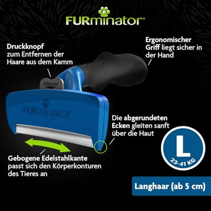 FURminator Fellbürste für langhaarige große Hunde, deShedding-Tool mit Edelstahlkante und FURejector, 10,2 cm Kantenlänge – Bild 4