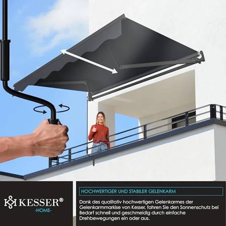 KESSER® Gelenkarmmarkise 250 x 200 cm, wasserabweisende Terrassenmarkise aus Aluminium und Polyester in Anthrazit mit Wandhalterung und individuell einstellbarem Neigungswinkel – Bild 3