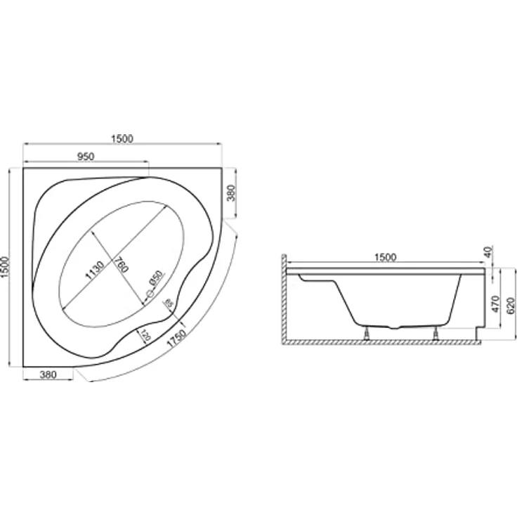 KOLMAN STANDARD Eckbadewanne 150x150 cm, 4in1 Komplettset mit Acrylschürze, automatischem Ablauf und Füßen, reinweiß – Bild 5