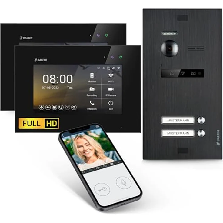Balter EVO HD Video-Türsprechanlage für Zweifamilienhaus, Komplettset mit 2x 7 Zoll Monitoren, Full HD Kamera, App, Schwarz – Bild 1