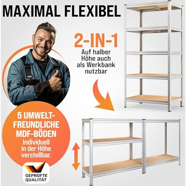 2x Monzana Schwerlastregal XL 180x90x60cm 875kg 5 MDF-Platten Regal Lagerregal Kellerregal Steckregal Werkstattregal – Bild 5