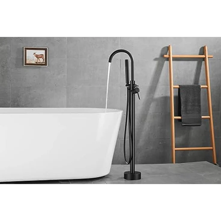 VALAZ Freistehende Badewanne Wasserhahn Ebro-Serie, Einhebelmischer Schwarz Matt, Warm- und Kaltwassermischer, Schnelle Installation, Rundem Schwanenhals – Bild 3
