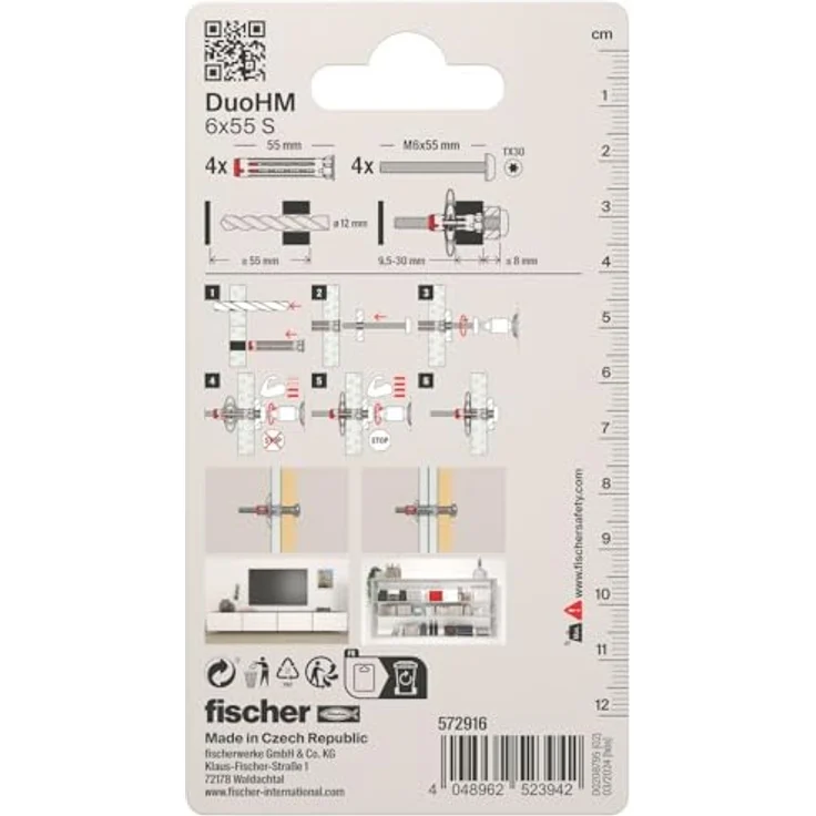fischer 572916 DuoHM Hohlraumdübel 6 x 55 S TX mit metrischer Flachkopfschraube und TX-Antrieb (4 Stück) zur Befestigung von TV-Halterungen, Leuchten, Wandregalen in Plattenbaustoffen – Bild 2