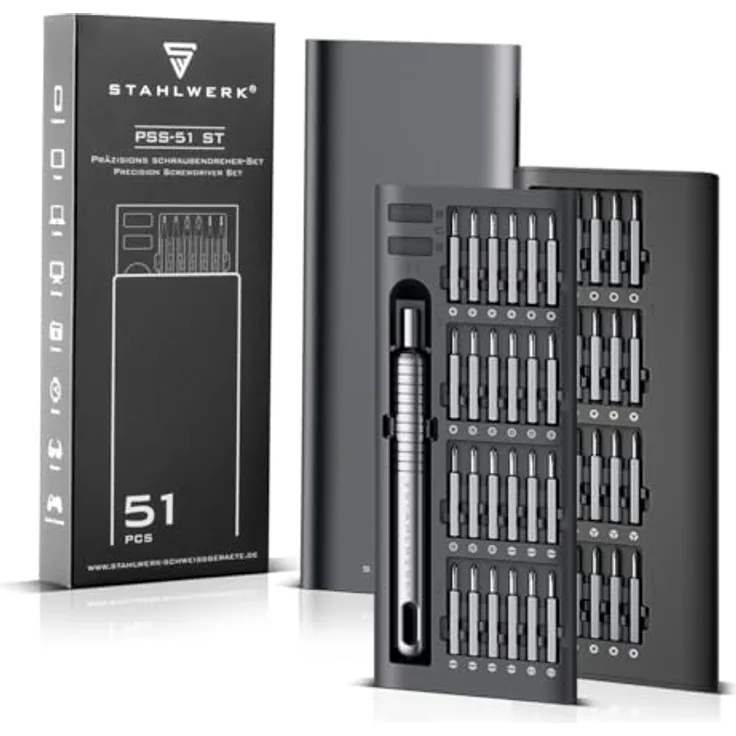 STAHLWERK Präzisions-Schraubendreher Set PSS-51, 51-teiliges Feinmechanik Set mit Chrom-Vanadium-Bit-Set und Magnetisier-Werkzeug