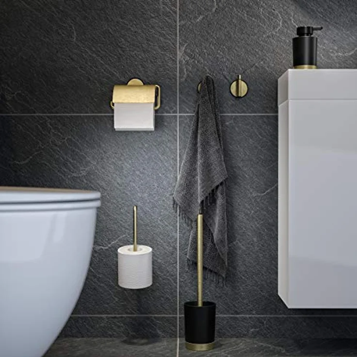 Tiger Tune Toilettenbürste, WC-Bürste mit Halter, Befestigung ohne Bohren dank integrierter Klebefolie, freistehende WC-Bürstengarnitur, Farbe: Messing gebürstet / Schwarz – Bild 2