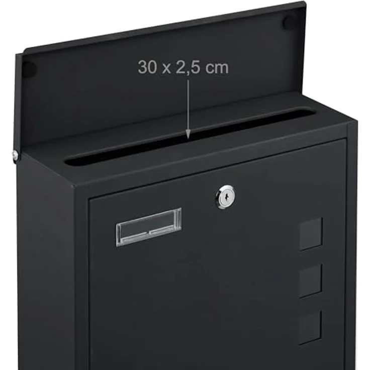 Relaxdays Briefkasten mit Sichtfenstern, Wandpostkasten aus Eisen, HxBxT: 33 x 35 x 12 cm, schwarz, 4 Schlüssel, breiter Einwurfschlitz für DIN C4-Format – Bild 5