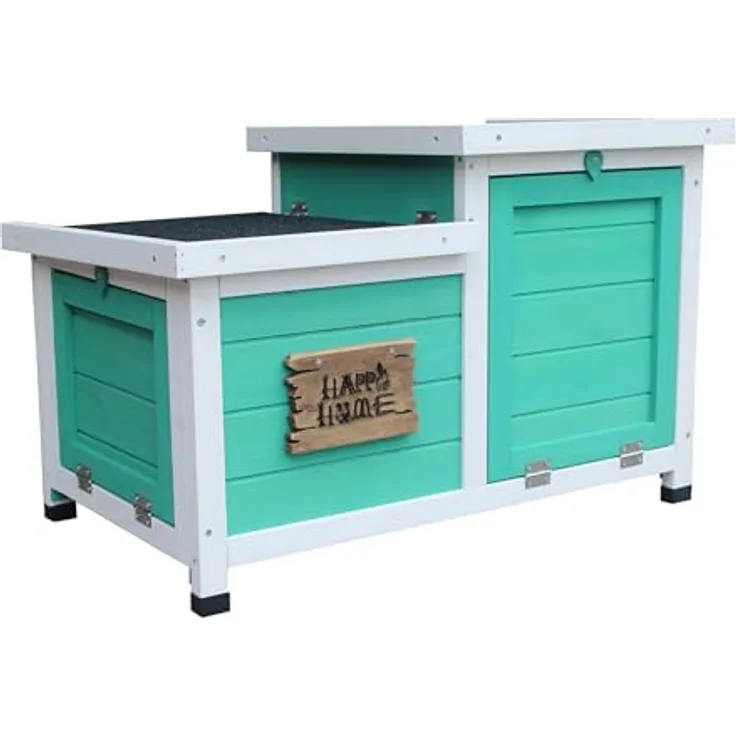 Dehner Nagerschlafhaus Happy Home Teatro, ca. 70 x 43 x 45 cm, Tannenholz, türkis/weiß, mit zwei praktischen Türen und aufklappbaren Bitumen-Dächern