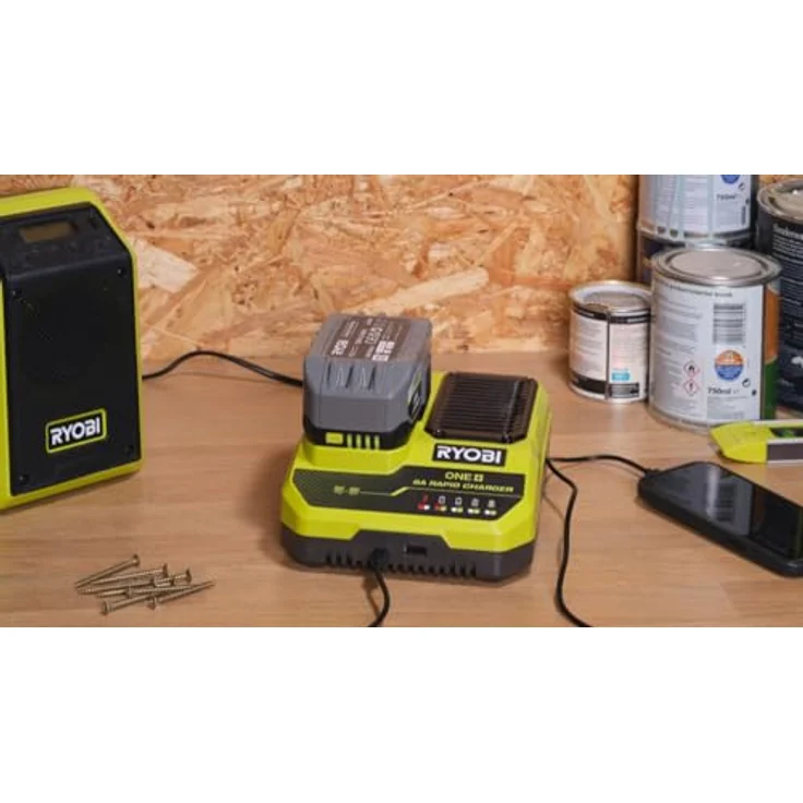 RYOBI 18 V ONE+ Akku-Schnellladegerät RC18180, 8,0 A Ladestrom, lädt 4,0 Ah Akku in weniger als 30 Minuten, USB-C- und USB-A-Anschlüsse – Bild 2