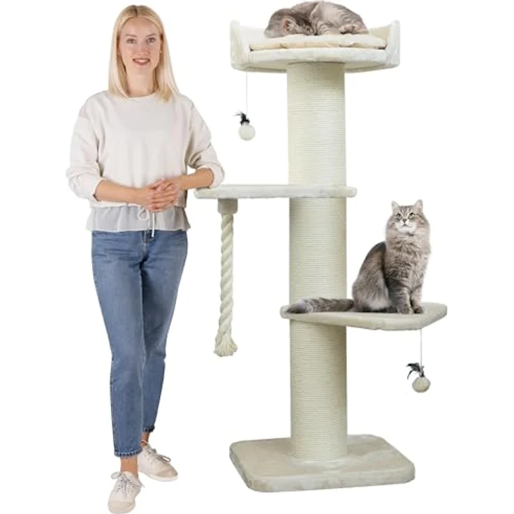 HAPPYPET Premium Kratzbaum Grosse Katzen Stabil 'Freddy' – Katzenbaum, Kletterbaum, für Maine Coon, Natursisal, Dicke Stämme mit 20 cm, 150 cm Hoch, Creme – Bild 1