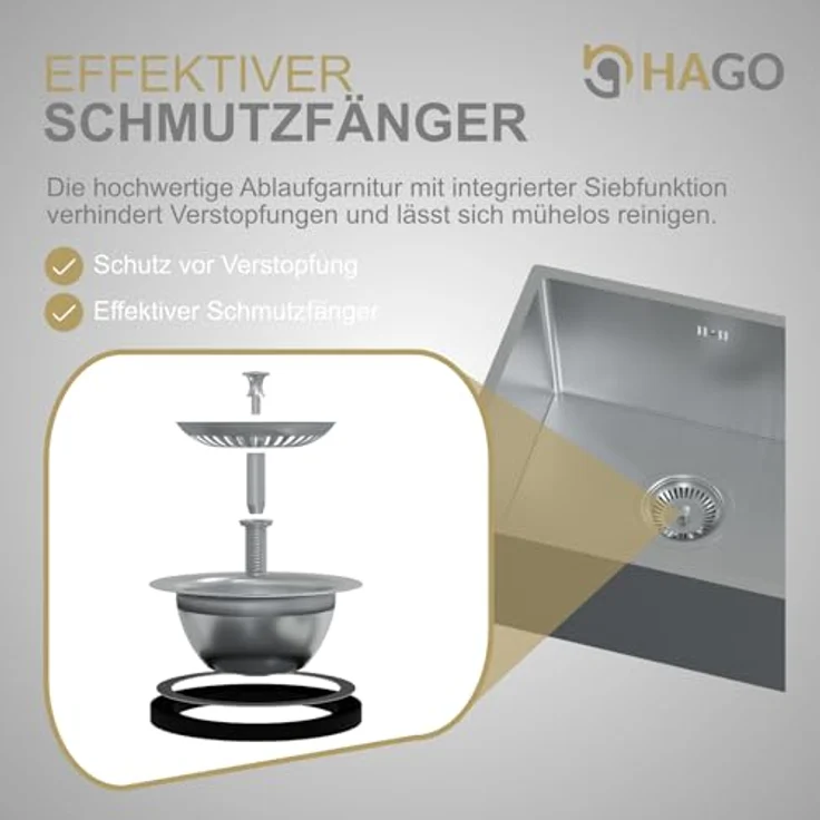 HAGO Edelstahlspüle 40x34cm Silber, Einbauspüle mit Schallschutz und hygienischem Material – Bild 5