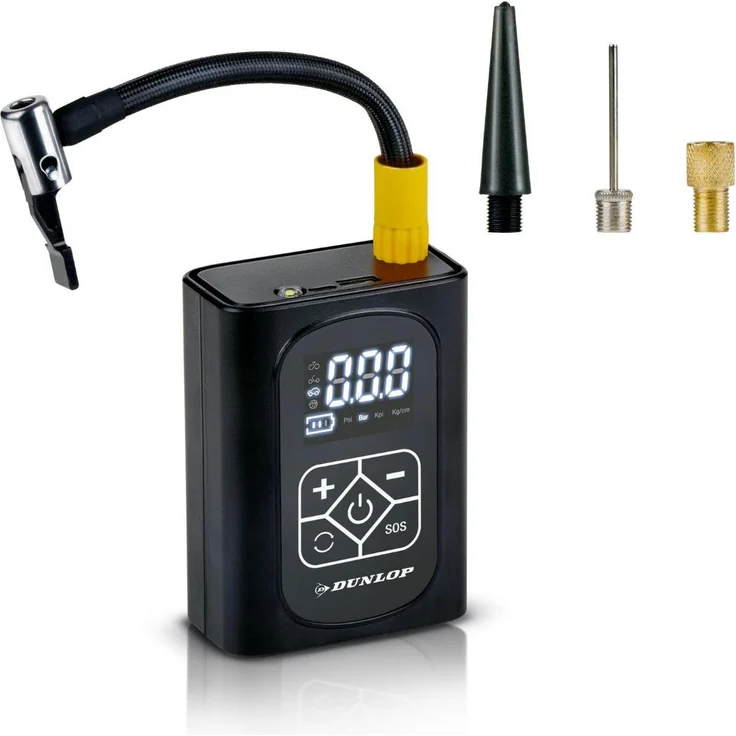 Dunlop Digitaler Mini Kompressor 150PSI, Elektrische Fahrradpumpe mit Powerbank-Funktion, USB Wiederaufladbar, 4000 mAh Akku, inkl. 3 Adapter und LED-Beleuchtung