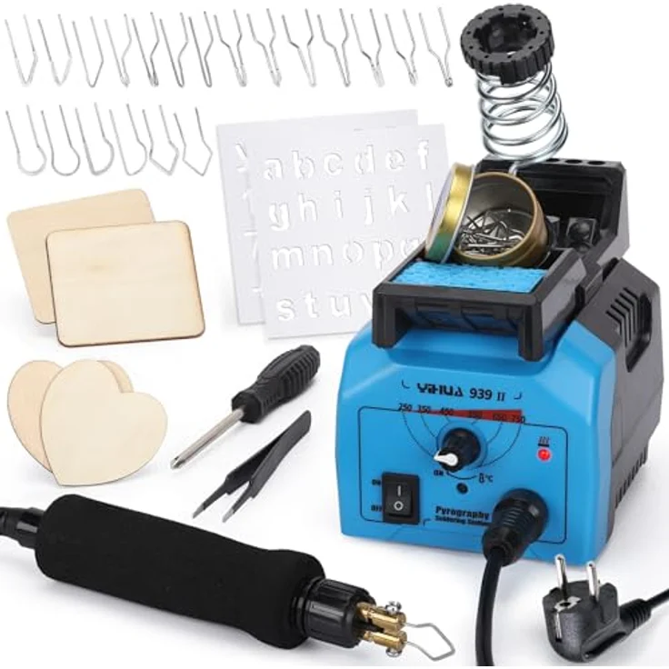 YIHUA 939-II Brandmalerei Set, Holzgravur-Bastelset mit digitaler Temperaturanzeige, 20 Drahtfedern, Softgrip-Holzverbrennungsstift, 4 Holzstücke (EU Plug) – Bild 1