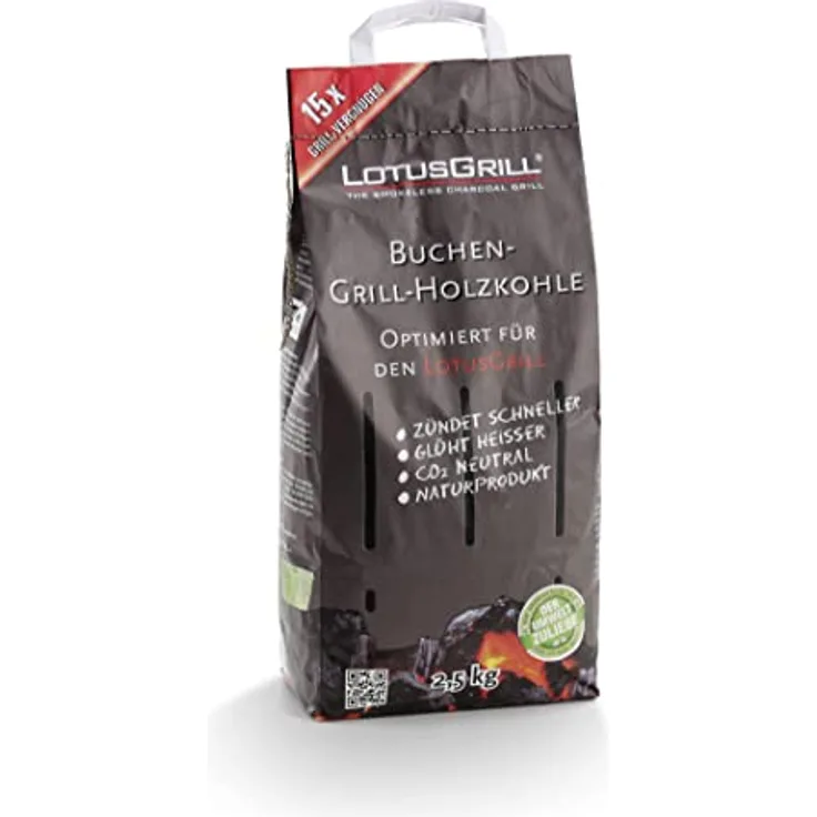 LotusGrill Buche Holzkohle 2,5 kg Beutel mit Pastenbrenner 200 ml für raucharmes Grillen