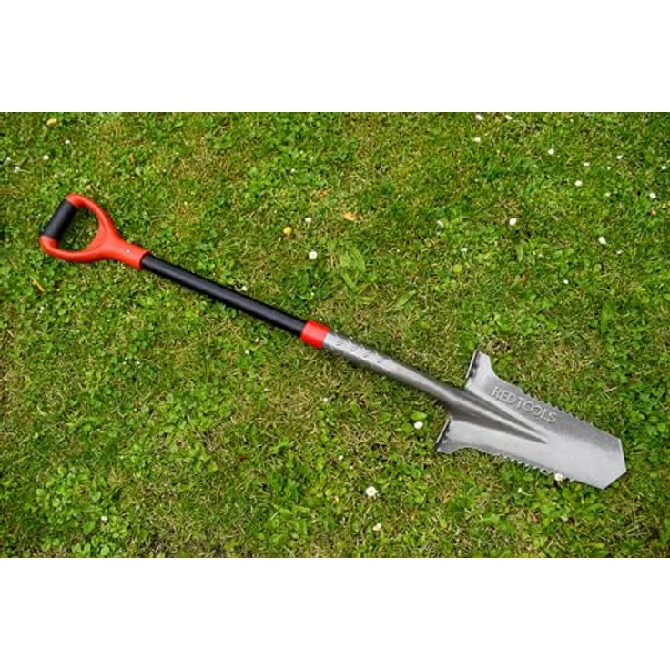 Red Tools Gärtnerspaten Power Head - Spaten mit Wurzelsäge - 115cm - hochwertiges Spatenblatt für steinige & harte Böden - mit Trittkante und bequemem Soft-Touch-Griff (Grau) – Bild 3