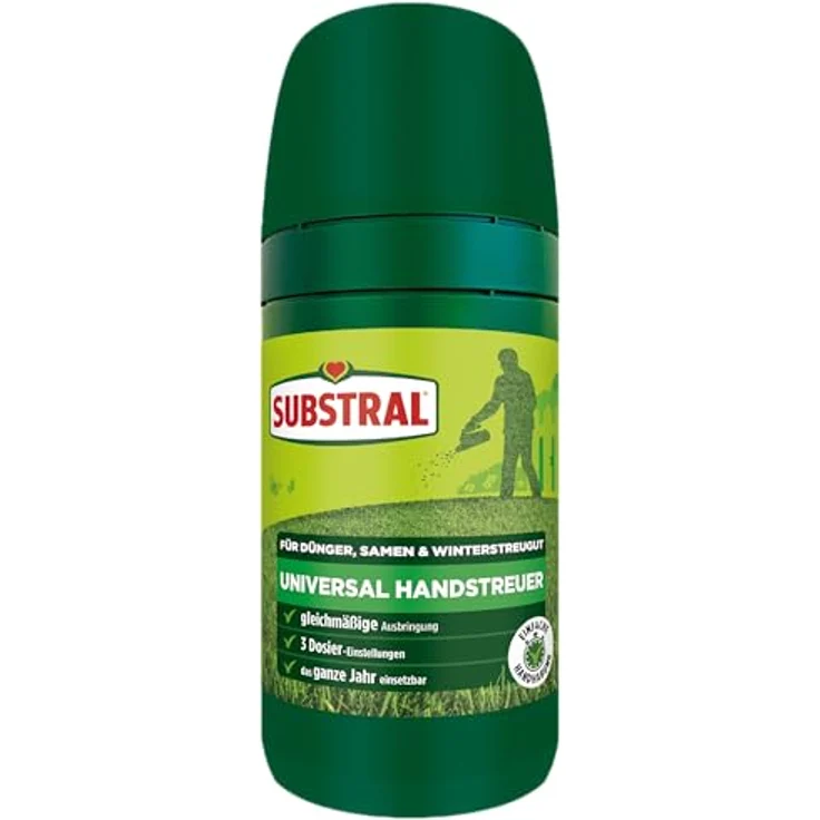 Substral Universal-Handstreuer, Streugerät für Rasendünger und Winterstreugut, mit verstellbarer Dosierscheibe, grau – Bild 1
