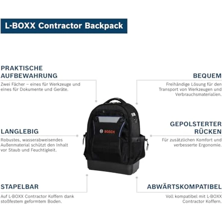 Bosch Professional L-BOXX Contractor Backpack, Werkzeugkoffer mit modularer Aufbewahrung, wasserabweisend, für Handwerkzeuge und Laptop – Bild 3