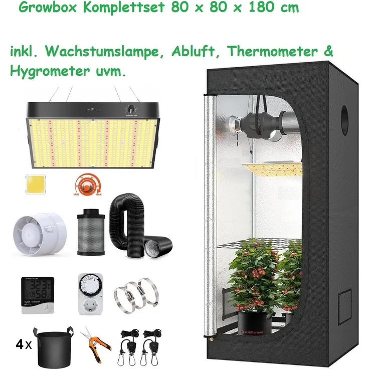 JUNG GrowPRO LED Grow Set + 1x Pure LED Q120, 150W, Gewächshaus Growbox Komplettset mit Abluft Cannabis Set Box Pflanze, Growzelt, BxTxH: 80 x 80 x 180 cm, weiß
