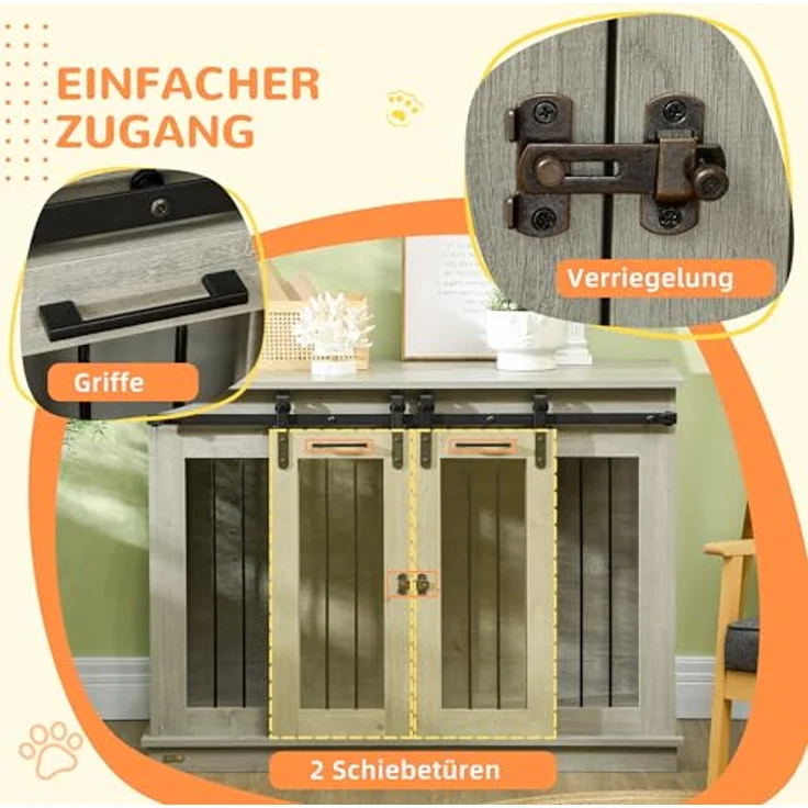 PawHut Hundekäfig Möbel, Zweiraum-Option mit 2 Türen, moderne Metall Hundebox für große Hunde bis 30 kg, 120 x 60 x 88,5 cm, grau – Bild 5