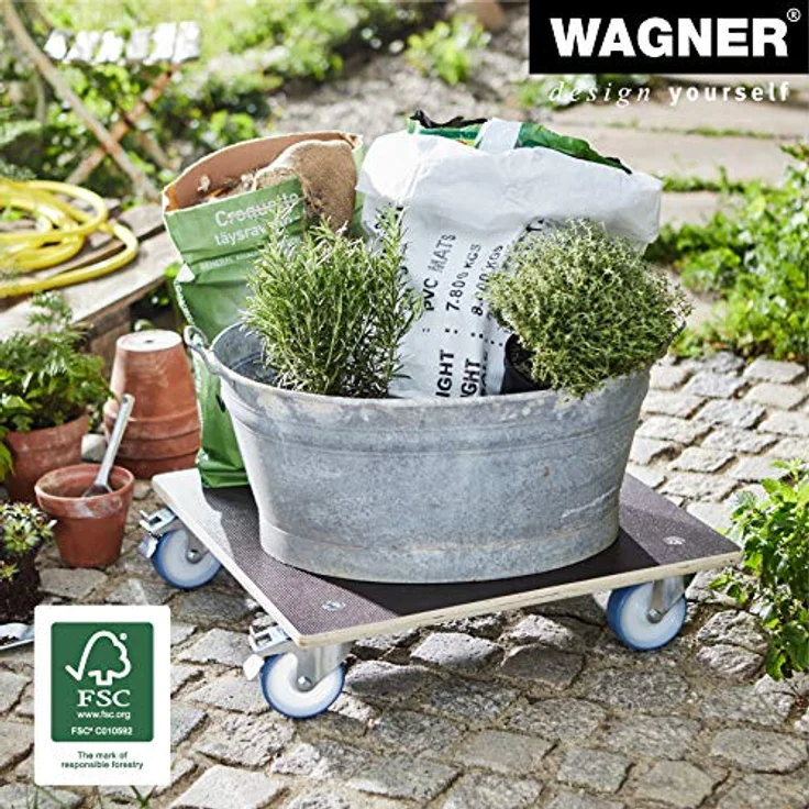 WAGNER Pflanzenroller Maxigrip 58 x 58 x 14,5 cm I Pflanzenroller für Außenbereich + Innenbereich I Transportroller aus Holz FSC I 2 Total-Feststeller I Tragkraft 300 kg I Made in Germany - 20135801 – Bild 2
