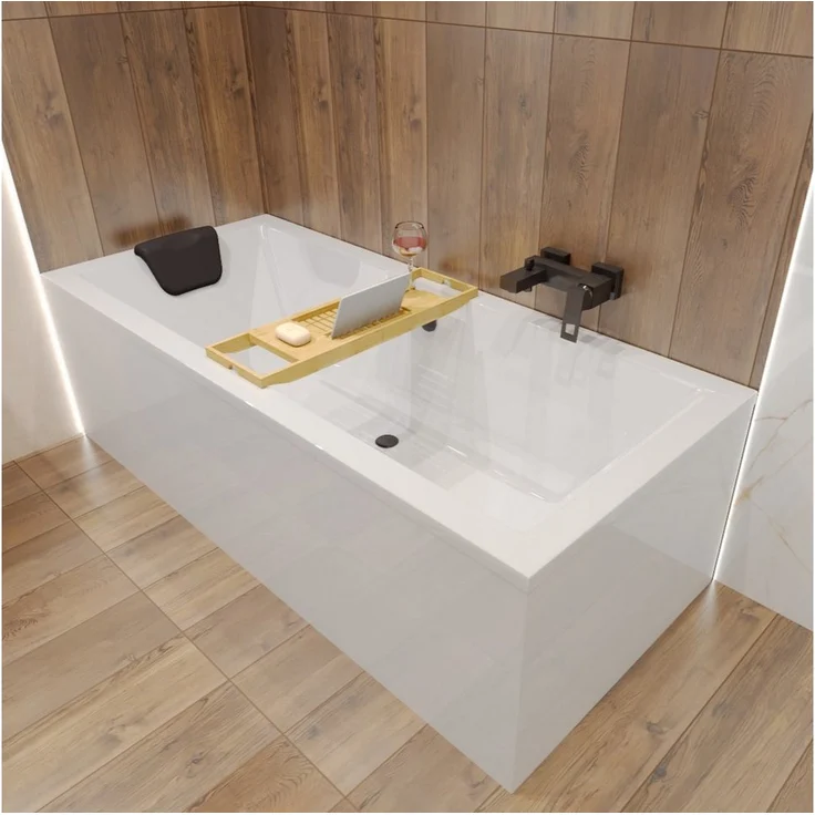 KOLMAN Badewanne QUADRO 155x70, schneeweiß, inklusive Bambus Badewannenablage, Ablaufgarnitur & FüßeGratis