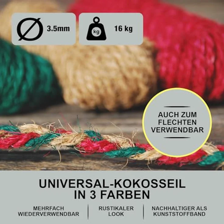 deli4you Kokosseil bunt Dekoband Set, 3 x 15m in rot, grün und braun, reißfest und flexibel, ideal für Gartendeko und DIY Projekte – Bild 3
