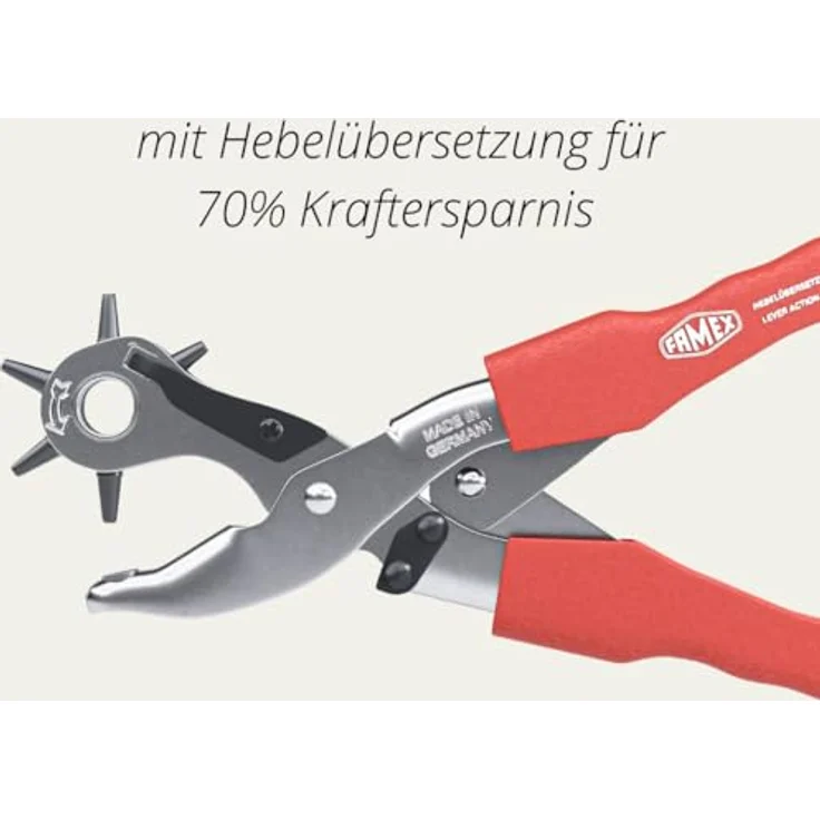 FAMEX Revolverlochzange 3519 Profi Lochzange mit ca. 70 % Hebelübersetzung, Made in Germany, für Leder, Gürtel uvm., vernickelt – Bild 4