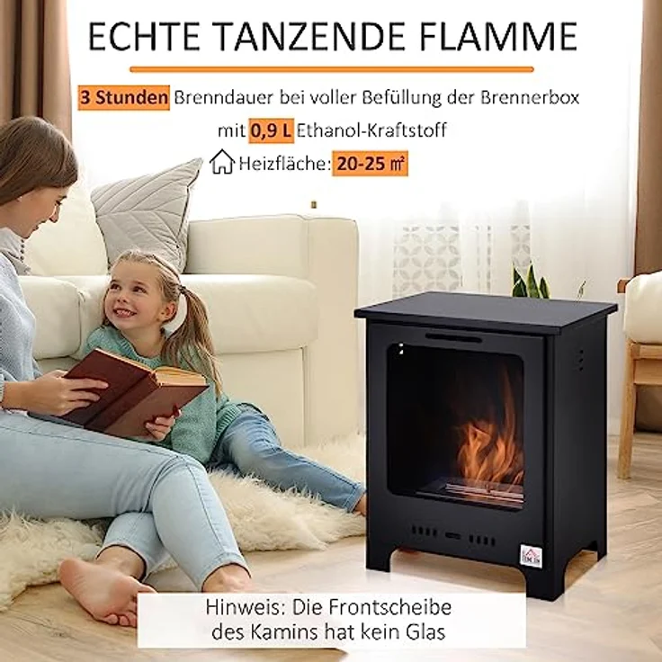 HOMCOM Ethanol-Kamin Bio-Ethanol-Brenner 0,9 L 3 Stdn. Brenndauer kein Rauch Metall 40 x 30 x 50 cm – Bild 4