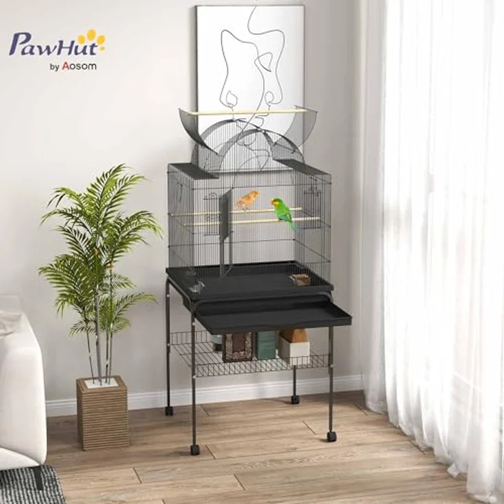 PawHut Vogelkäfig Wellensittichkäfig mit Tablett, Futterstation und Ablagefläche, Stahl Schwarz, 63 x 53 x 144 cm – Bild 2