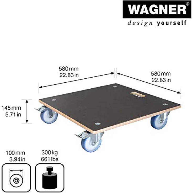 WAGNER Pflanzenroller Maxigrip 58 x 58 x 14,5 cm I Pflanzenroller für Außenbereich + Innenbereich I Transportroller aus Holz FSC I 2 Total-Feststeller I Tragkraft 300 kg I Made in Germany - 20135801 – Bild 3