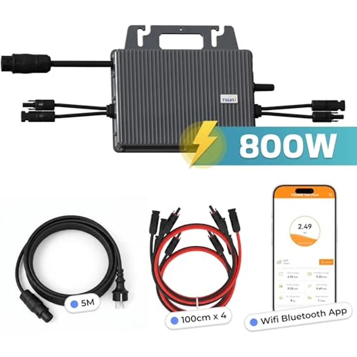 SUNNIVA TSUN Mikro-Wechselrichter 800W TSOL-MS800 für Balkonkraftwerk, IP67 wetterfest, Plug&Play, 2 MPPT, Bluetooth & WiFi, inkl. 5m Kabel & 4x 1m Verlängerungen – Bild 2