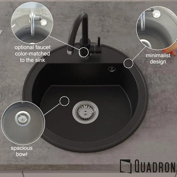 QUADRON CUBA 210 Rund Spülbecken, 1-Becken Granitspüle, Größe: 51 x 51 x 18 cm, Ø 43, beige mit Siphon – Bild 8