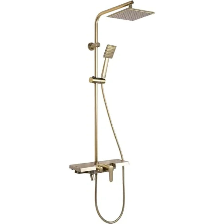 Rea Duschsystem Bravo Brush, Duscharmatur mit Duschkopf und Kopfbrause, Messing, gebürstetes Gold, Anti-Kalk Düsensystem, drei Funktionen, Aufputzmontage – Bild 3