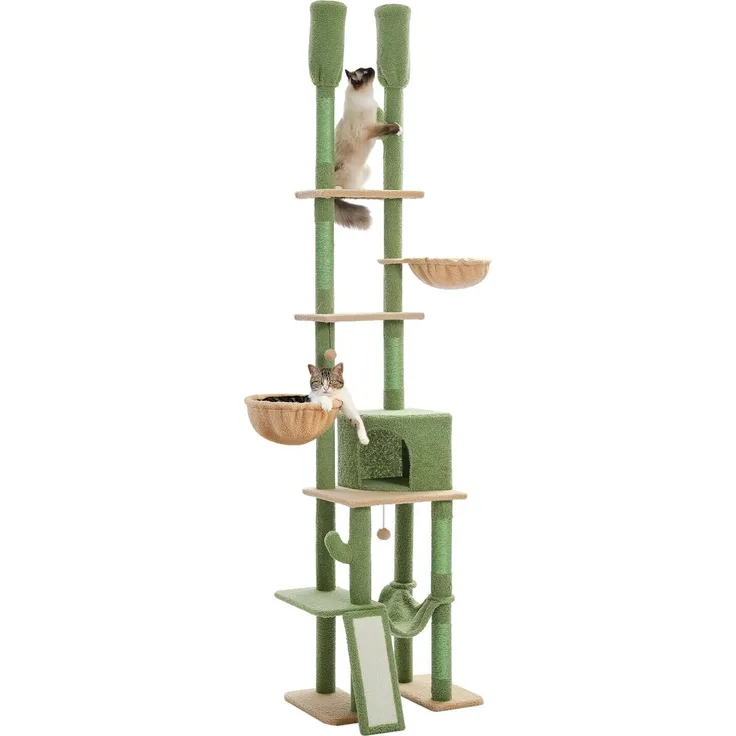 PurpurRain Kratzbaum Deckenhoch Moderner Kaktus Katzenkratzbaum doppelt Post mit großer Höhle Grün, 230cm