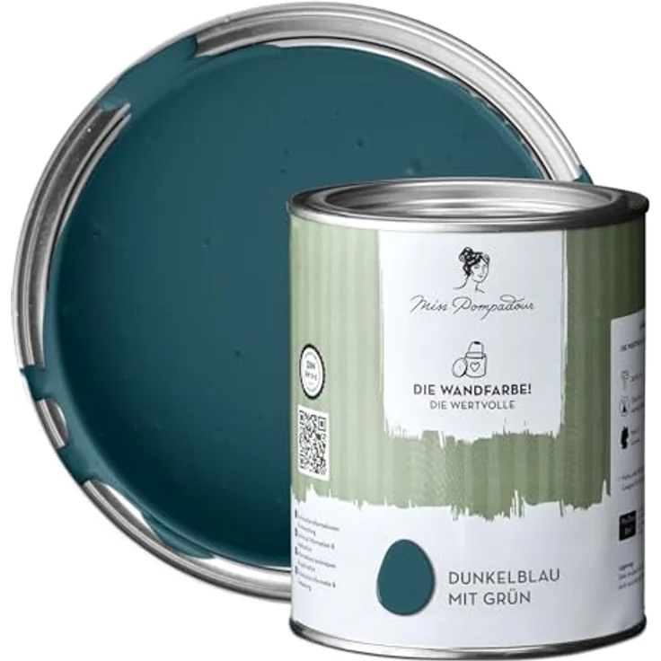 MissPompadour Wandfarbe Dunkelblau mit Grün, matte Innenfarbe mit hoher Deckkraft, 1 L, geruchsneutral und spritzfrei, wasserbasiert – Bild 1