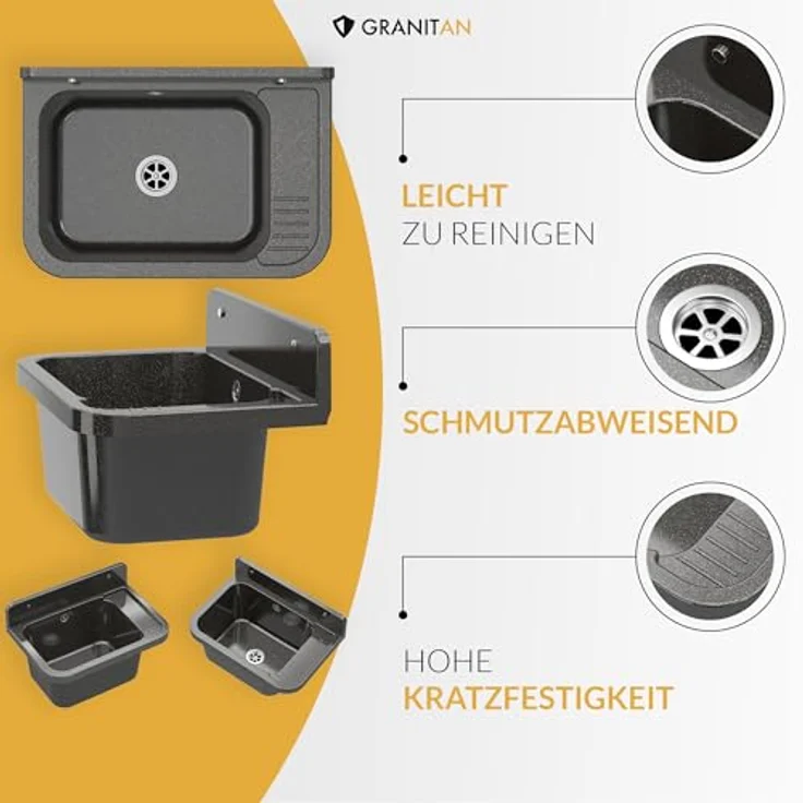 Granitan Kunststoffspüle Ausgussbecken aus Polypropylen - Waschtrog mit Siphon 50x34x31 cm, Waschbecken, Garagenspüle mit FLEX-Spülbeckenarmatur, resistent gegen Flecken und Verfärbungen, in hochwertigem Weiß. – Bild 5