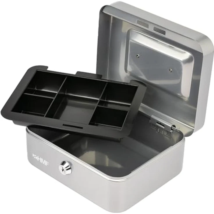 HMF Geldkassette abschließbar, Kasse mit 5 Münzfächern und Tragegriff, Silber, 20 x 16 x 9 cm – Bild 2