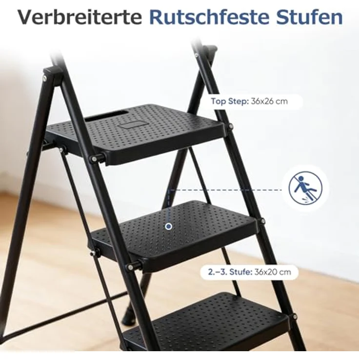 Sekey Trittleiter Klapptritt Faltbar 3 Stufen mit 36 cm XXL-Trittstufen, Anti-Rutsch, bis 150 kg, Haltebügel und rutschsicheren Fußkappen – Bild 4