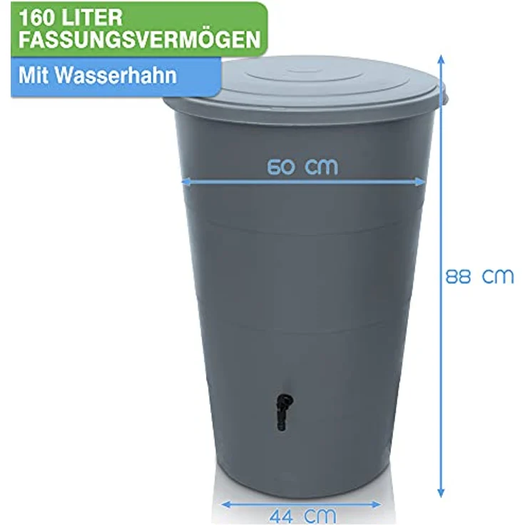 YourCasa Regentonne 160 Liter mit Anschlusset & Bohrer inklusive - Wetterfest aus Kunststoff, Wasserhahn, für Garten (Grau, 160L) – Bild 4