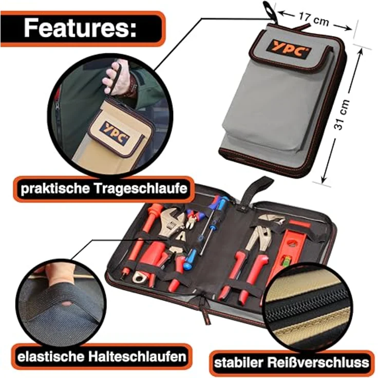 YPC ZipCaddy L – Werkzeugmappe mit 17 Halteschlaufen, großer Außentasche, wasserfestem Oxford 600D Material, in Khaki, Grau oder Blau – Bild 5