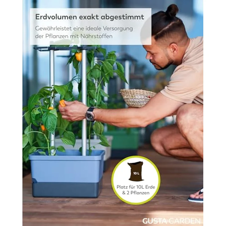 Gusta Garden Pflanzkübel CHARLY CHILI, Chilitopf mit automatischem Bewässerungssystem und stabiler Rankhilfe, regular blau – Bild 5